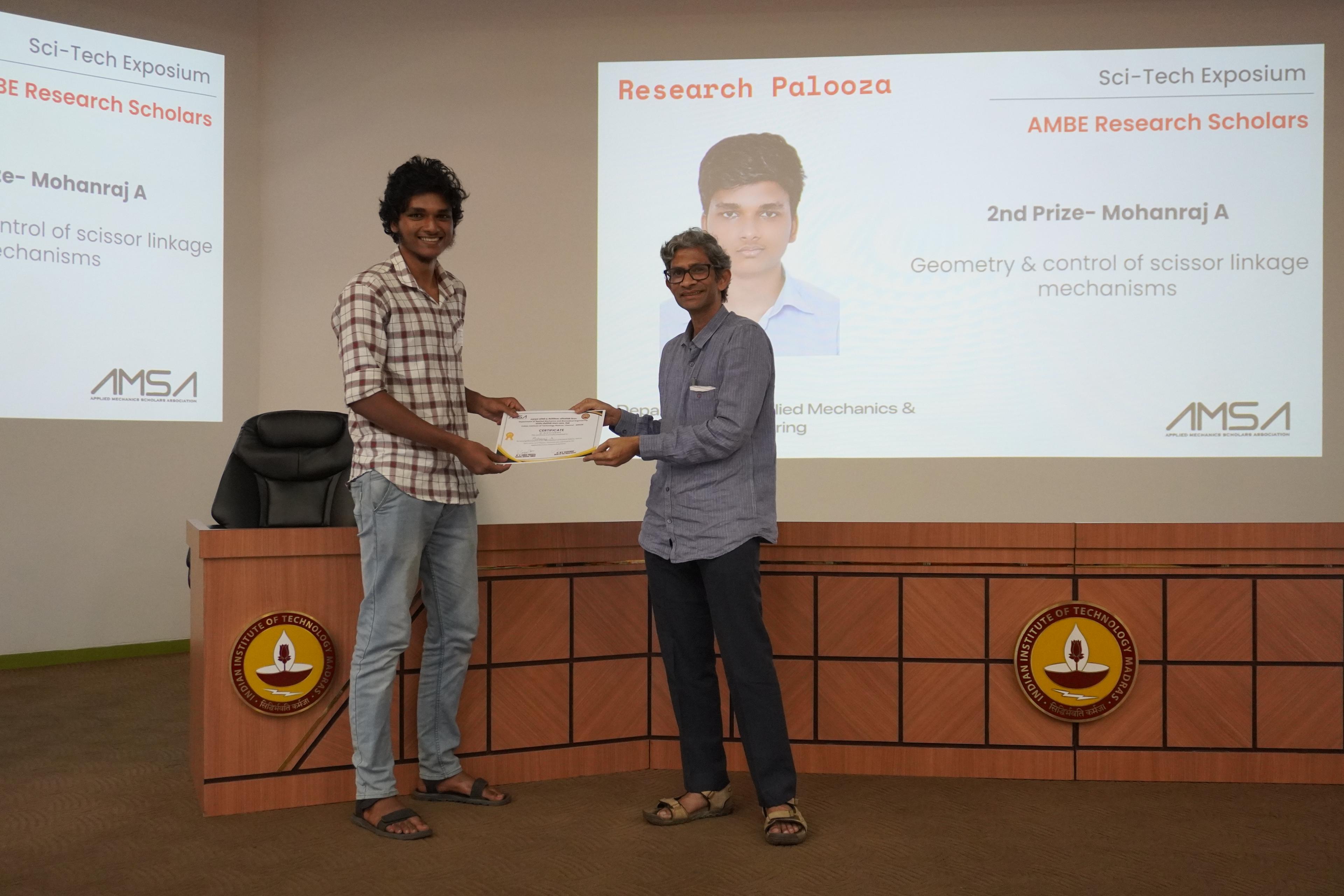 Mohan wins 2nd Prize in AMBE Research Palooza Sci-Tech Exposium